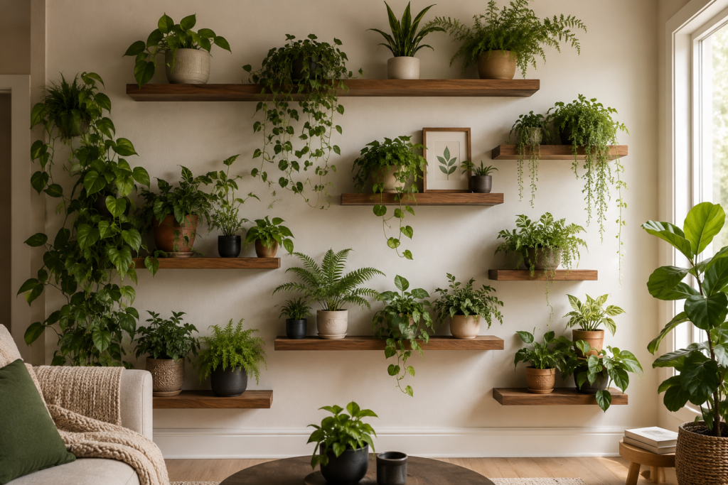 Indoor vertical plant wall created with floating wooden shelves and trailing houseplants