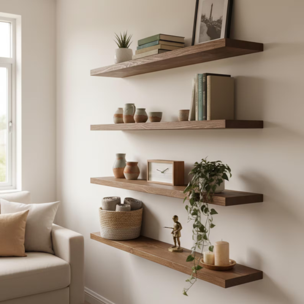 Handmade solid wood floating shelf for displaying indoor plants