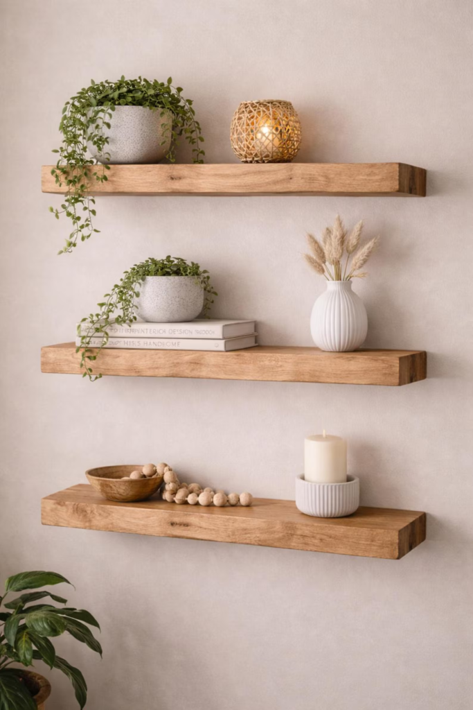 Minimalist solid oak floating shelf with a clean modern design