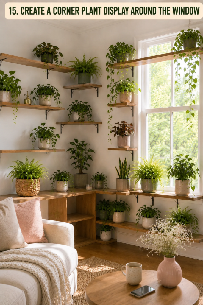 corner plant display extending from a window