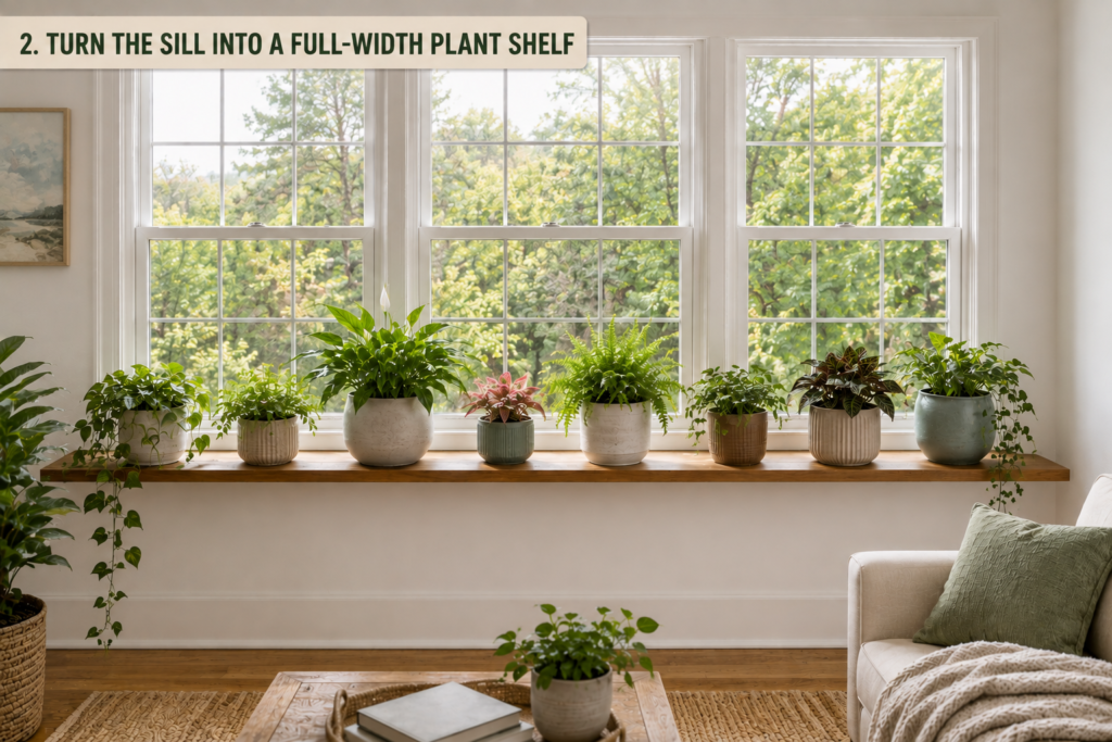 full-width plant shelf across a window