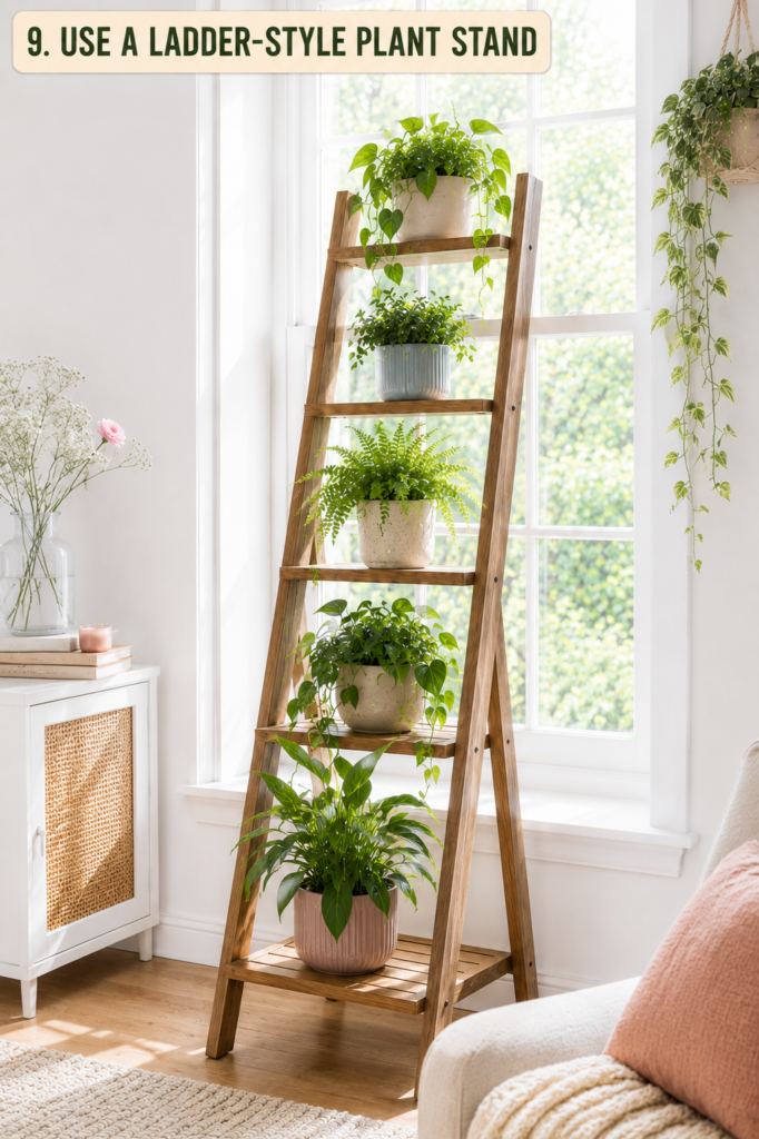 ladder-style plant stand beside a window