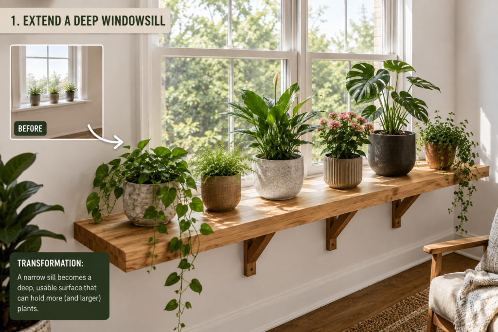 extended windowsill with potted indoor plants