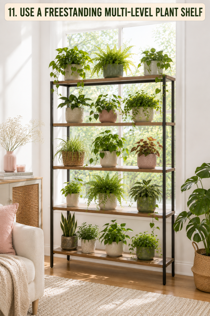 freestanding multi-level plant shelf near a window