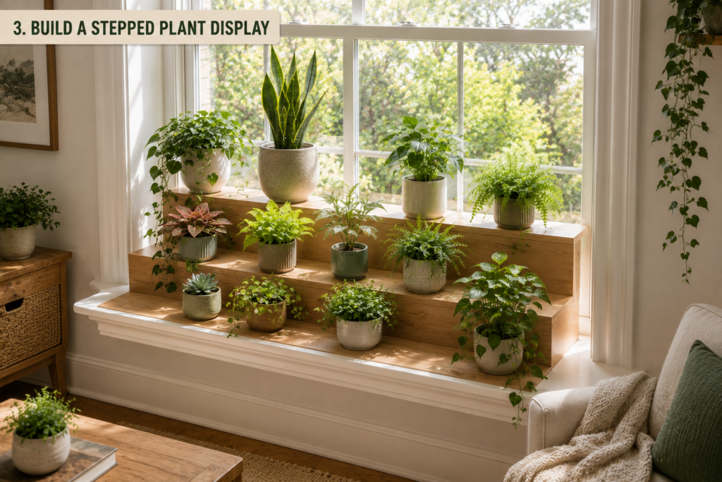 stepped plant display on a window shelf