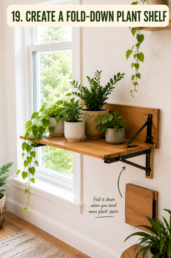 fold-down plant shelf beside a window