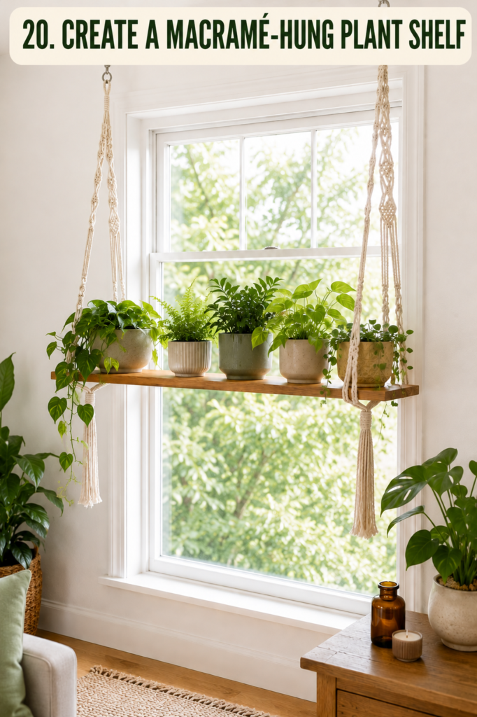 macramé-hung plant shelf beside a window