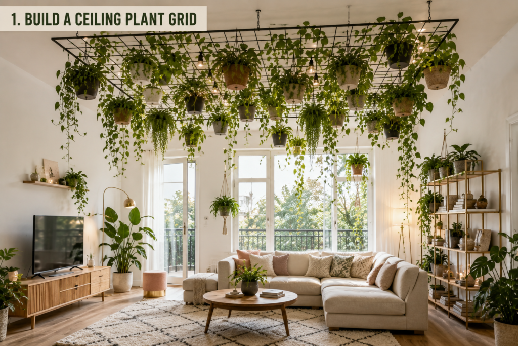 Living room with a suspended rectangular ceiling grid supporting trailing plants