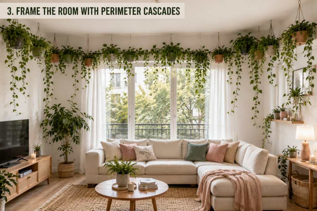 Living room framed by hanging plants cascading along the ceiling perimeter
