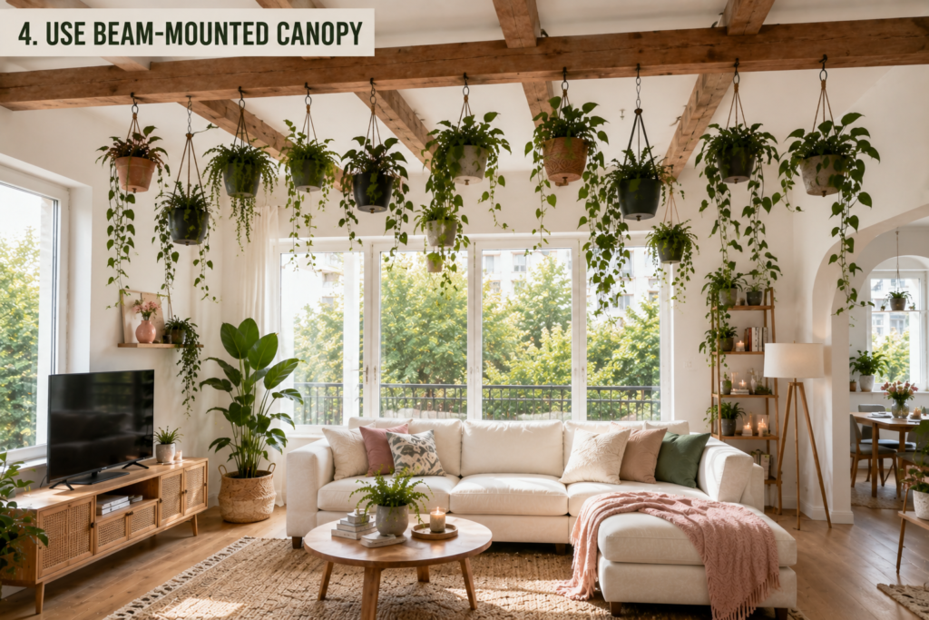 Wooden ceiling beams supporting hanging plants above a living room