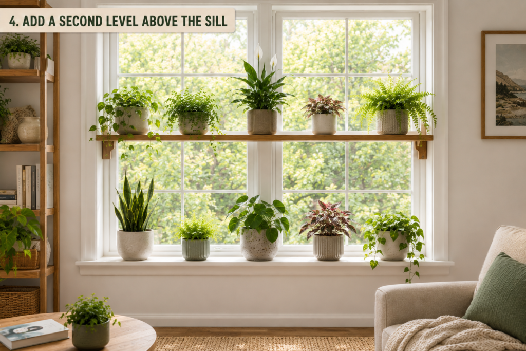 raised plant shelf above a windowsill