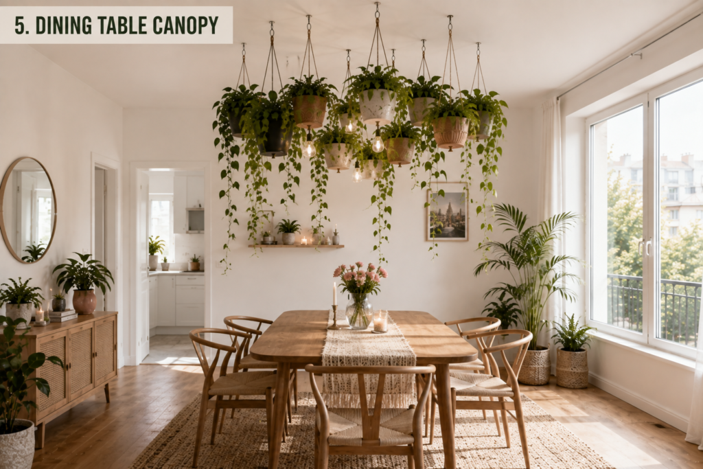 Dining table centered beneath a suspended hanging plant canopy
