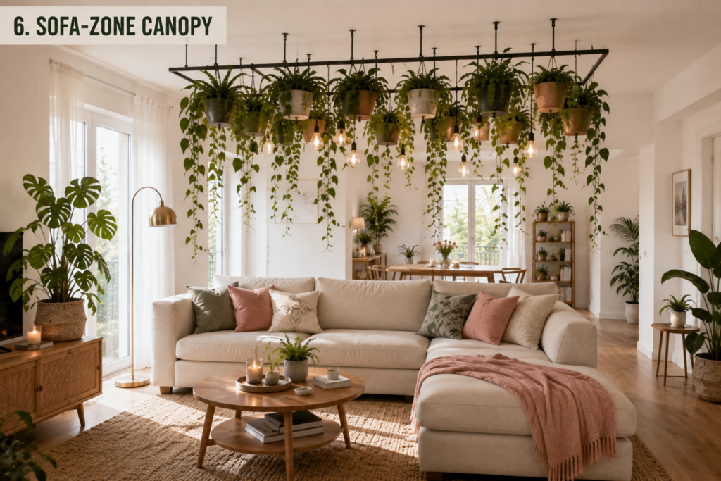 Rectangular hanging plant canopy defining a living room sofa zone