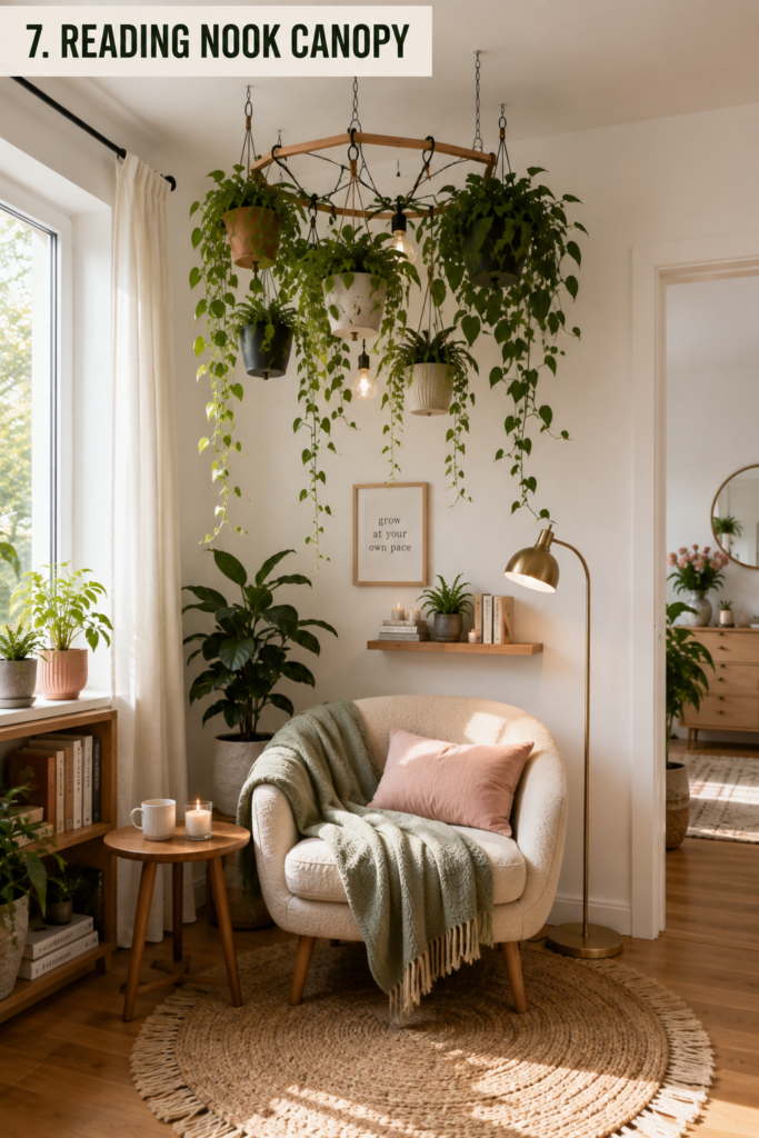 Reading chair beneath a compact hanging plant canopy