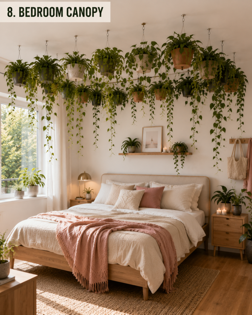Bedroom with elevated hanging plants arranged around the bed