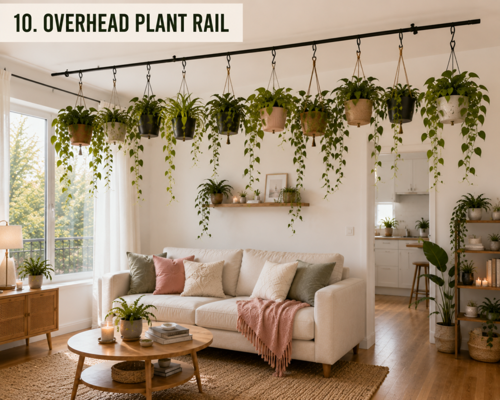 Horizontal plant rail with multiple hanging plants above a sofa