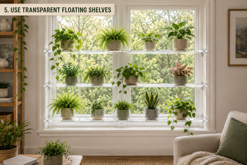 transparent floating plant shelves beside a window