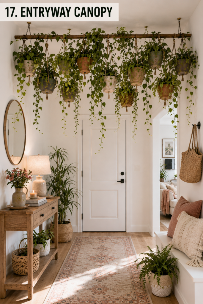 Entryway with a compact hanging plant canopy above the walkway