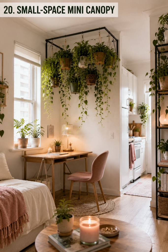 Compact hanging plant canopy above a desk in a small apartment