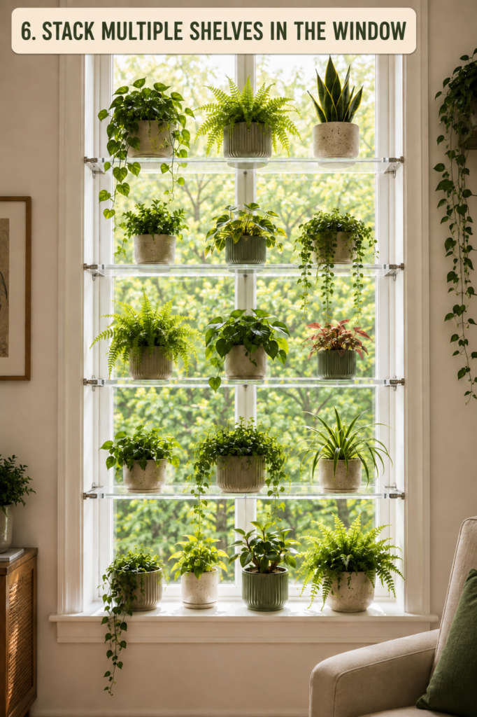 multiple plant shelves installed in a window
