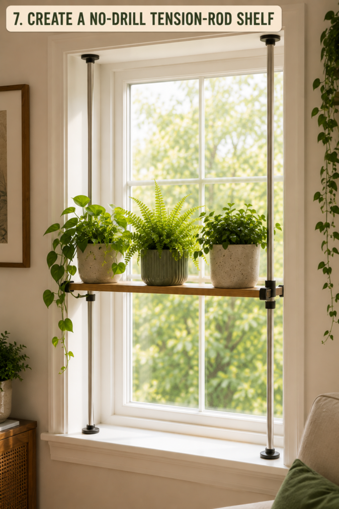 tension-rod plant shelf inside a window opening