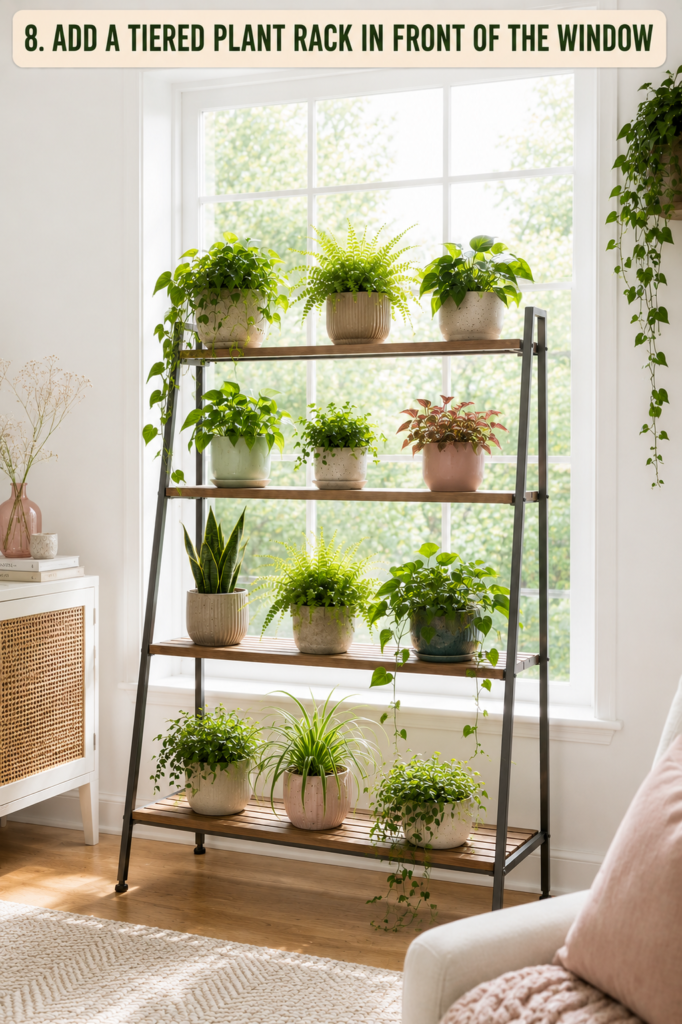 tiered plant rack in front of a window