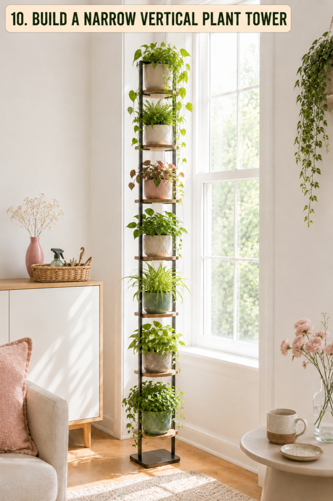 narrow vertical plant tower beside a window