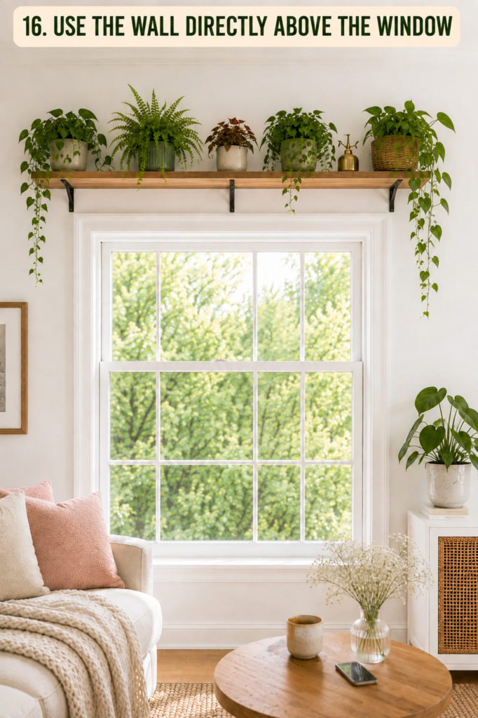 plant shelf mounted directly above a window