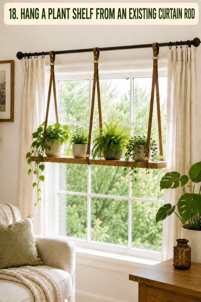 plant shelf suspended from a curtain rod