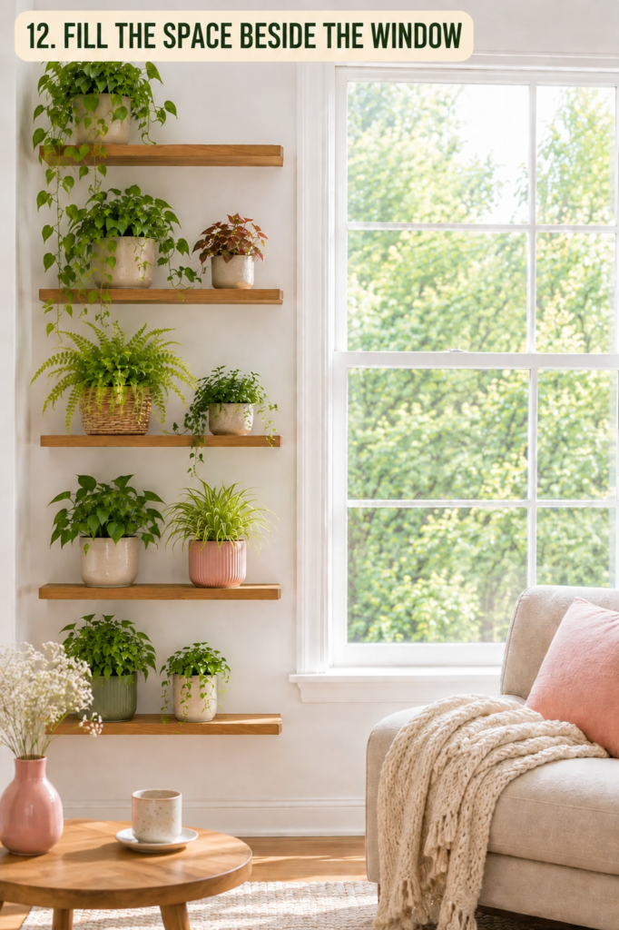 plant shelves beside a window