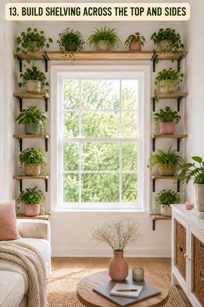 plant shelving across the top and sides of a window