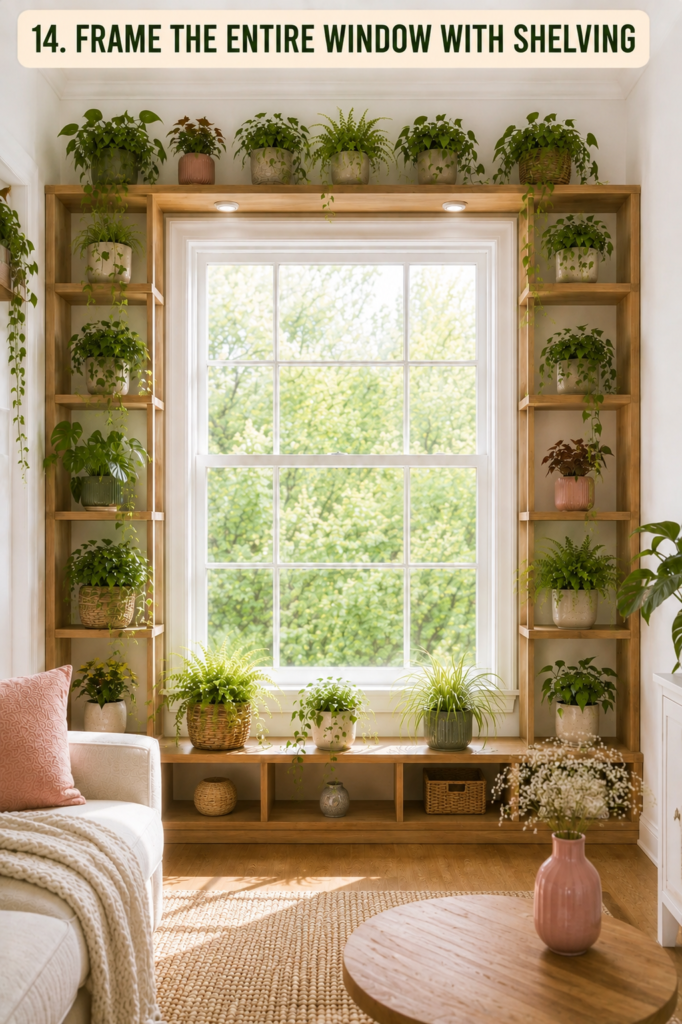 plant shelving framing an entire window