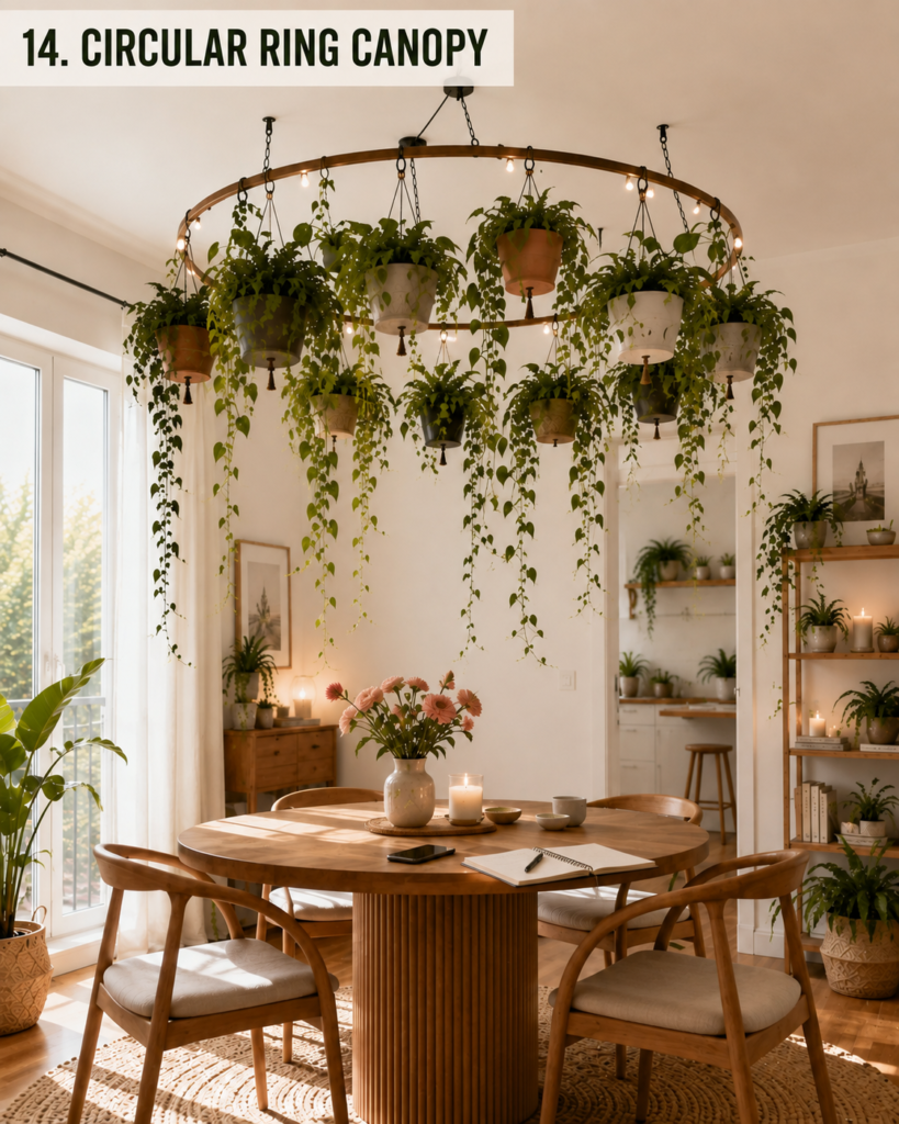 Circular hanging plant ring positioned above a dining table