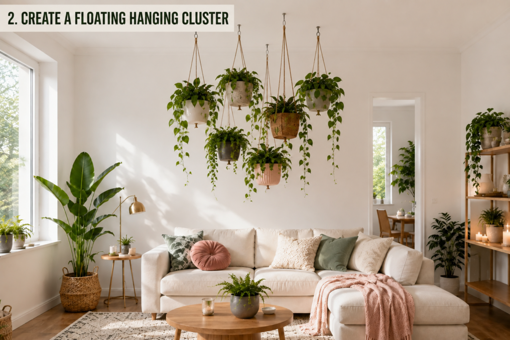 Cluster of hanging plants at staggered heights above a living room sofa