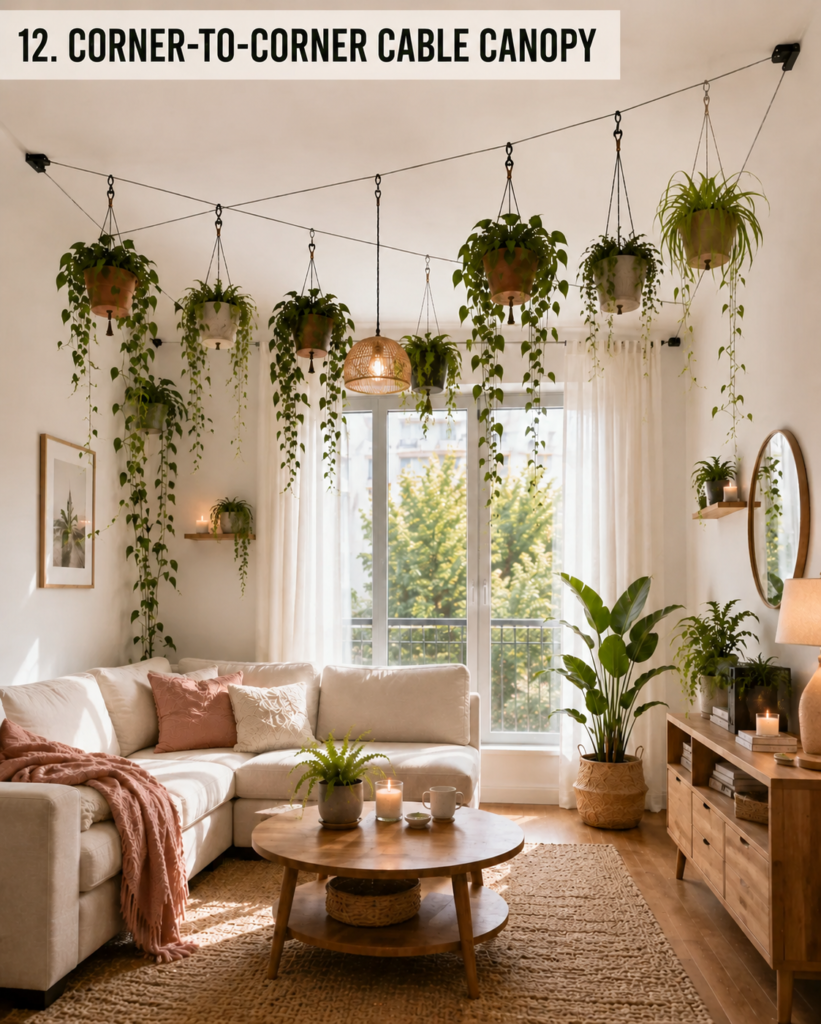 Diagonal ceiling cables supporting hanging plants across a living room
