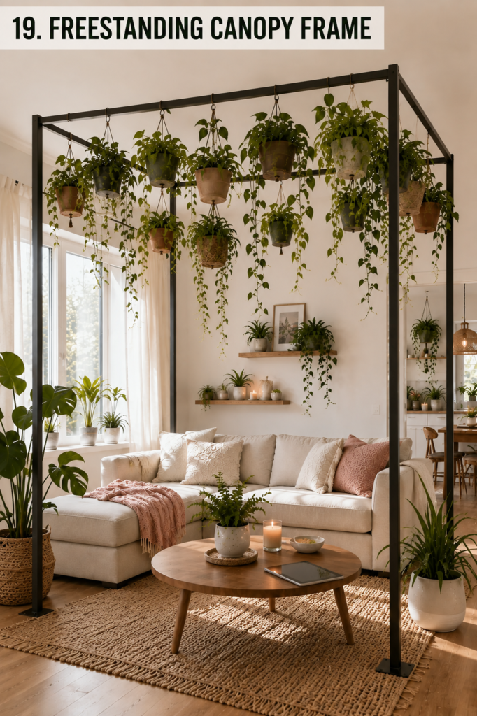 Freestanding rectangular canopy frame supporting hanging plants above a sofa