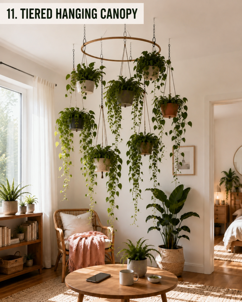Hanging plants arranged in three distinct tiers above a seating area