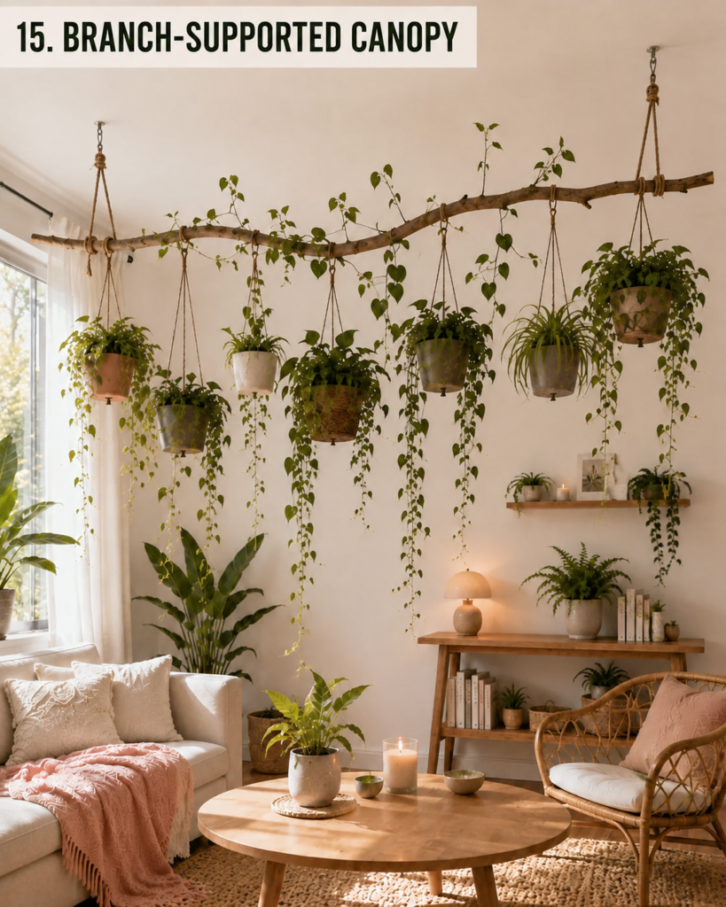 Horizontal decorative branch supporting several hanging plants