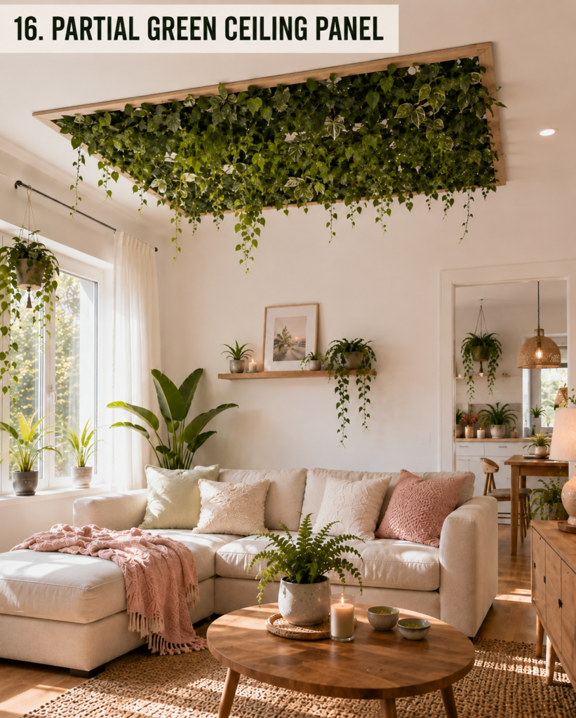 Defined rectangular section of ceiling covered with concentrated greenery