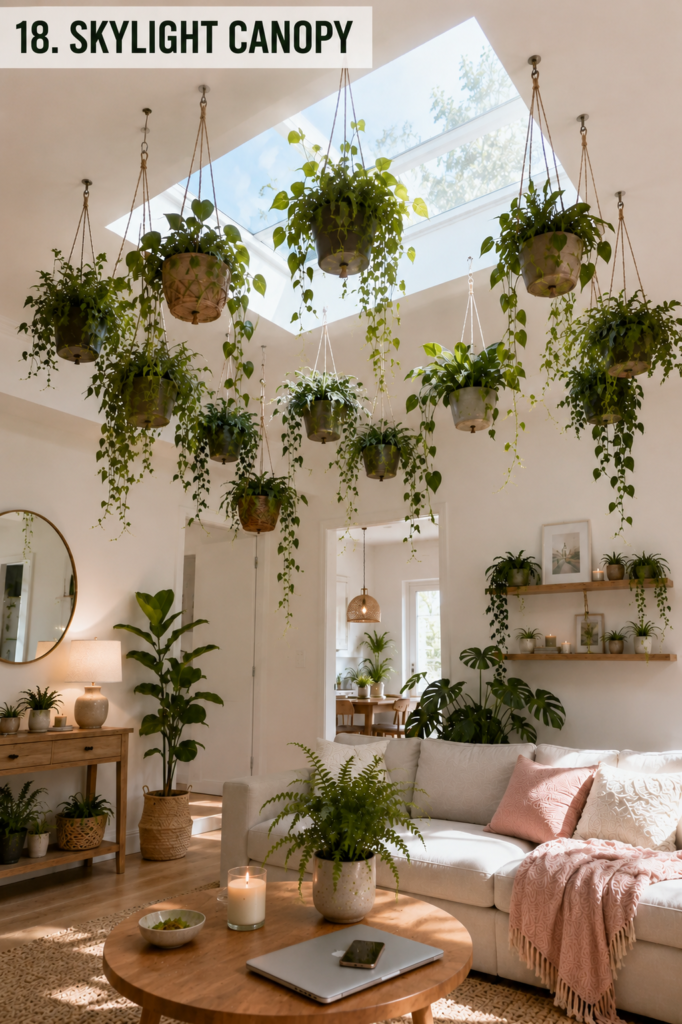 Skylight surrounded by hanging plants arranged to receive natural light