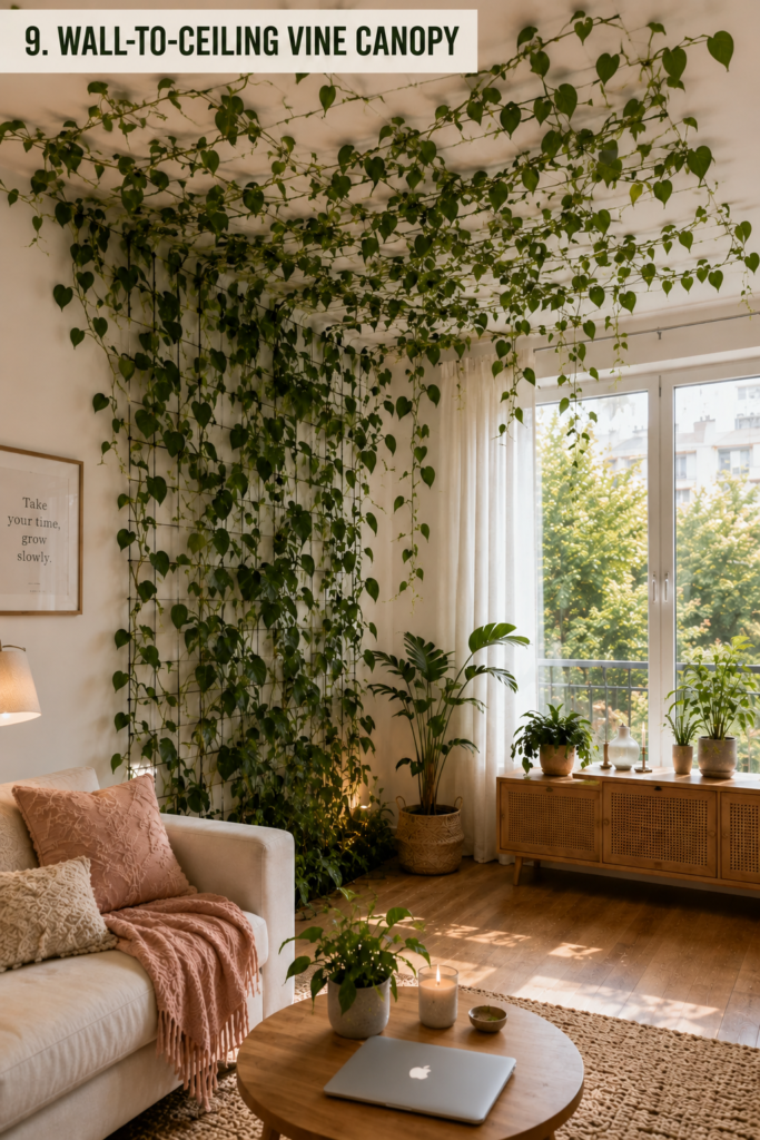 Trailing vines climbing from a wall across the ceiling