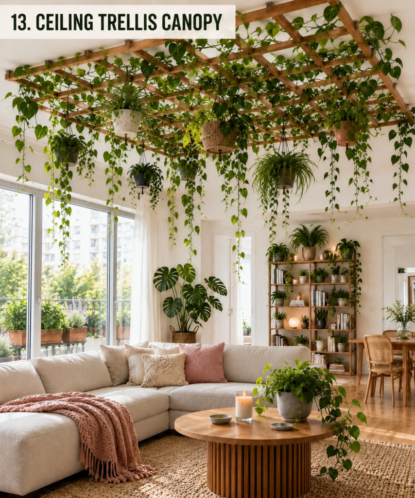Wooden ceiling trellis covered with climbing and trailing plants
