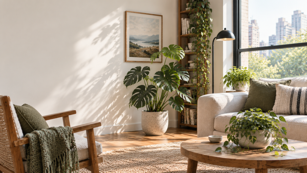 Bright living room decorated with indoor plants