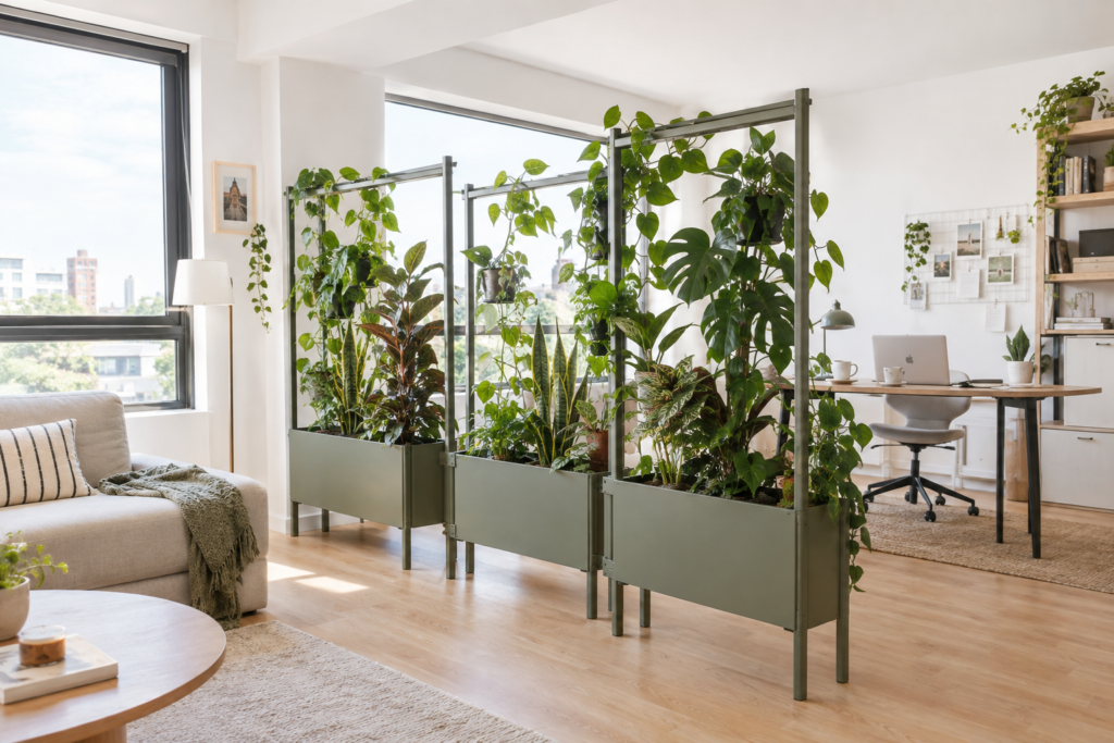 Modular plant partition with connected planting modules separating living and workspace