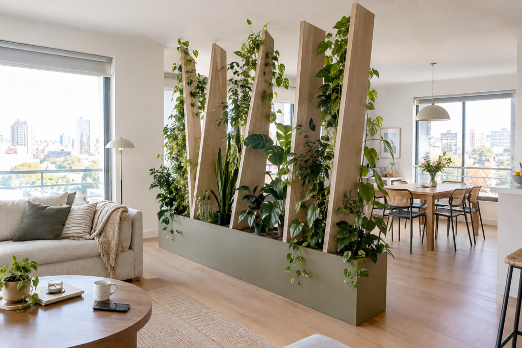 Angled plant divider with tall plants creating a geometric room boundary