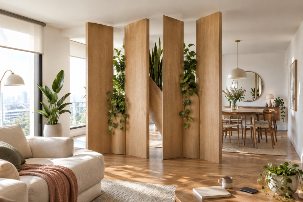 Sculptural oak room divider with folded vertical panels and plants growing between them
