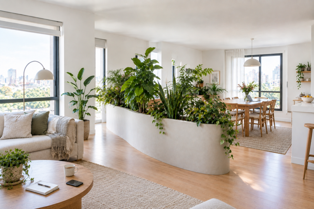 Curved plant room divider with integrated planter separating two indoor zones