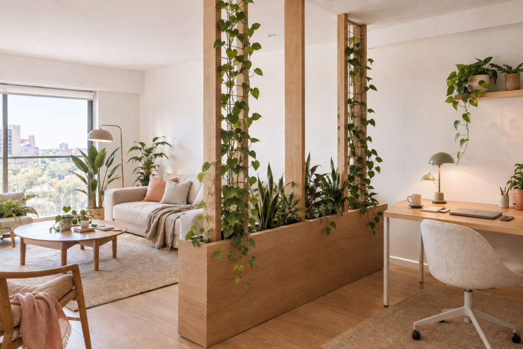 Low oak partition with floating vertical trellis panels and trailing houseplants