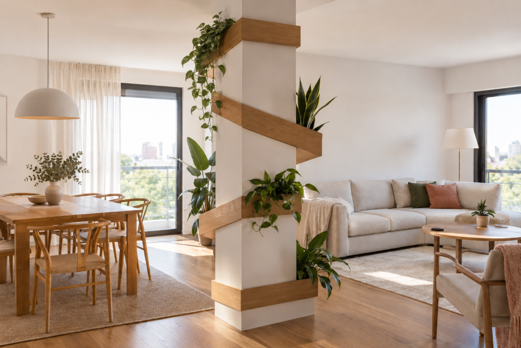 Architectural column wrapped with staggered oak bands and climbing indoor plants