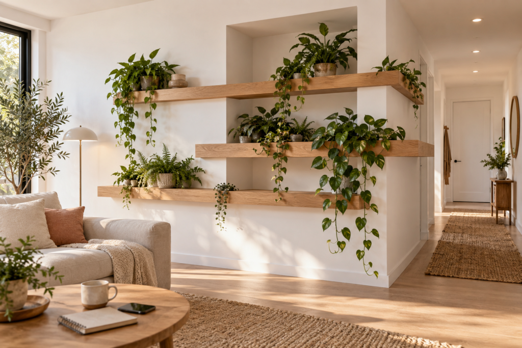 Built-in wall recess with a long wooden planter and cascading indoor plants